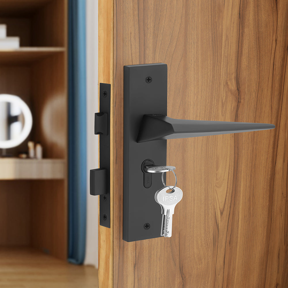 IPSA Carrot Iris Handle Series on 8" Plate CYS Lockset with 60mm Both Side Key Cylinder- Black Finish